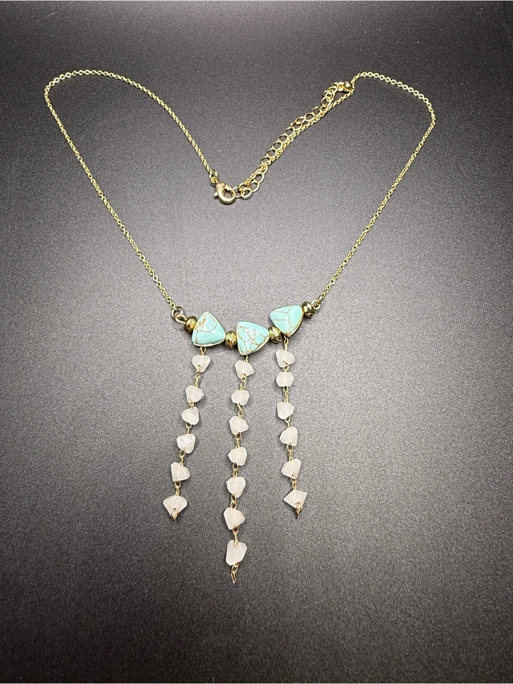 Gold Chain Necklace with Turquoise Accents and White Bead Fringe